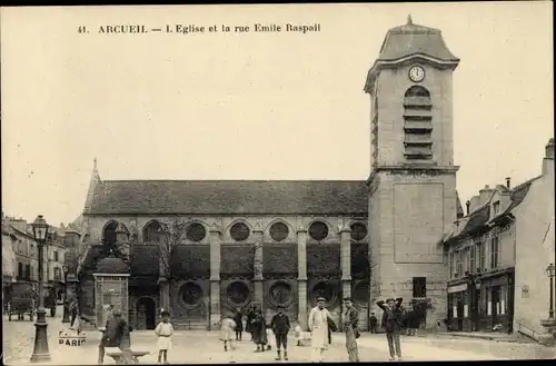 Ak Arcueil Cachan Val de Marne, L´Église et la Rue Émil Raspail