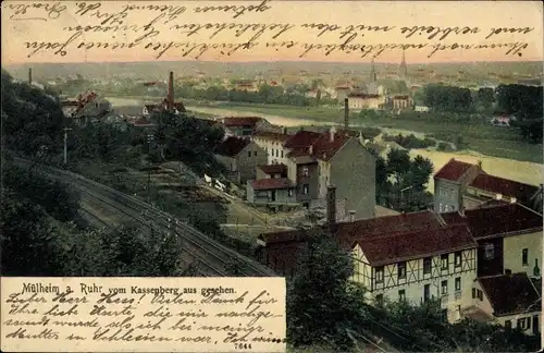Ak Mülheim an der Ruhr, Blick auf den Ort vom Kassenberg aus, Eisenbahnschienen