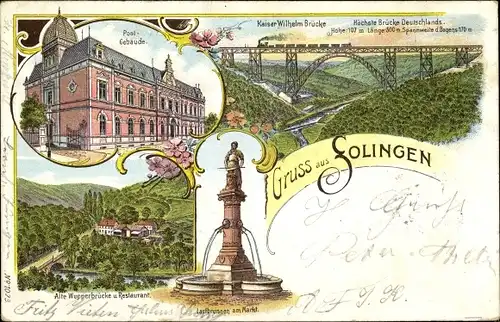 Litho Solingen in Nordrhein Westfalen, Laufbrunnen am Markt, Postgebäude, Kaiser-Wilhelm-Brücke