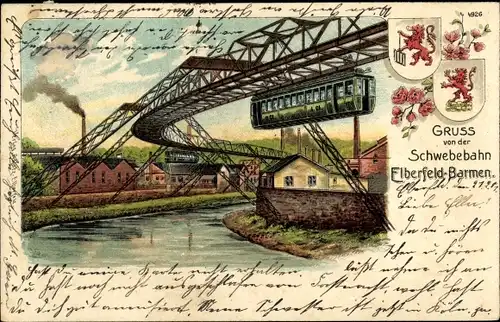 Wappen Litho Wuppertal in Nordrhein Westfalen, Schwebebahn Elberfeld Barnem