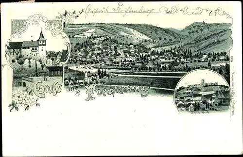 Litho Forchtenberg im Hohenlohekreis, Gesamtansicht, Diebsturm, Schlossruine