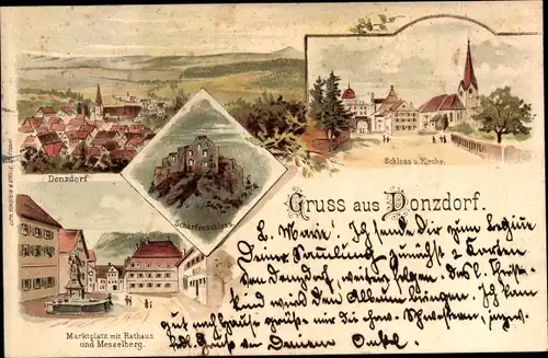 Litho Donzdorf in Württemberg, Dorf, Schloss, Kirche, Scharfenschloss, Rathaus, Markt, Messelberg