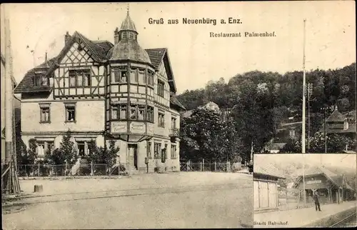Ak Neuenbürg im Schwarzwald Württemberg, Stadt Bahnhof, Restaurant Palmenhof