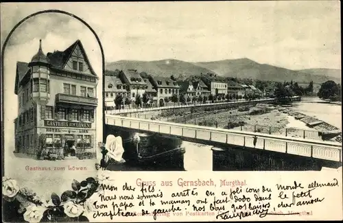Ak Gernsbach im Murgtal Schwarzwald, Gasthof zum Löwen, Brücke, Stadt