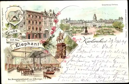 Litho Karlsruhe in Baden, Gasthaus Elephant, Schloss, Kaiserdenkmal