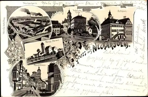 Litho Neckarsulm in Baden Württemberg, Rathaus, Kath. Kirche, Hauptstraße