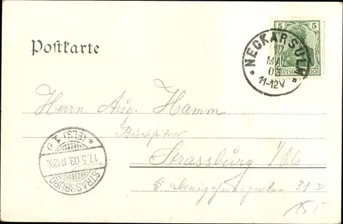 Litho Neckarsulm in Baden Württemberg, Rathaus, Kath. Kirche, Hauptstraße