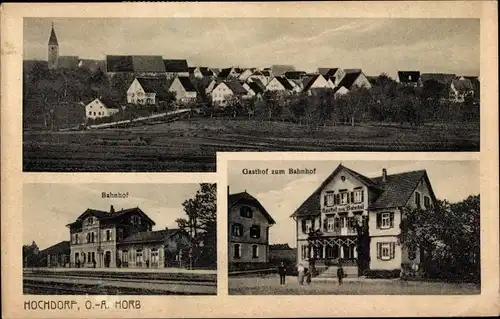 Ak Hochdorf (bei Horb) Nagold im Schwarzwald, Panorama, Bahnhof, Gasthof zum Bahnhof