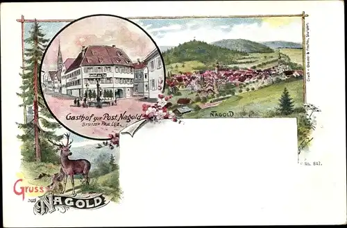 Litho Hochdorf (bei Horb) Nagold im Schwarzwald, Gasthof zur Post, Totale, Hirsch im Wald