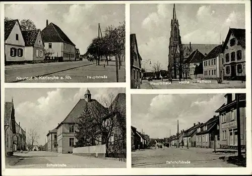 Ak Neureut Karlsruhe in Baden Württemberg, Hauptstraße, Kirche, Rathaus, Schulstraße