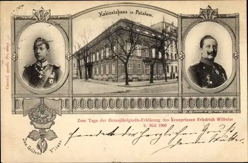 Ak Potsdam in Brandenburg, Kabinetshaus, Kaiser Wilhelm II., Kronprinz Wilhelm, Wappen