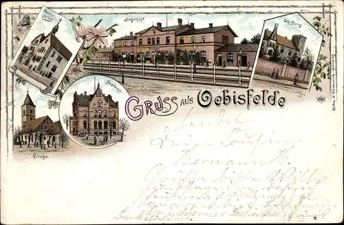 Litho Oebisfelde in Sachsen Anhalt, Bahnhof, Postamt, Kirche