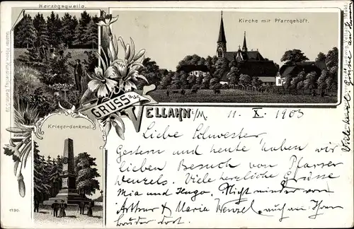 Litho Vellahn in Mecklenburg, Kirche, Pfarrgehöft, Herzogsquelle, Kriegerdenkmal