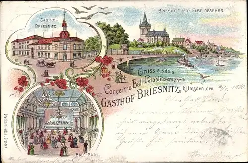 Litho Dresden Cotta Briesnitz, Gasthof Briesnitz, Ball-Saal, Briesnitz von der Elbe gesehen