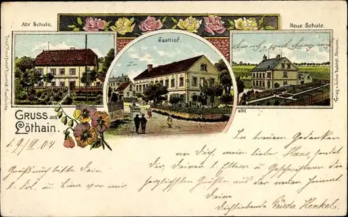 Litho Mehren Löthain in Sachsen, Alte Schule, Gasthof, Neue Schule, Blumen