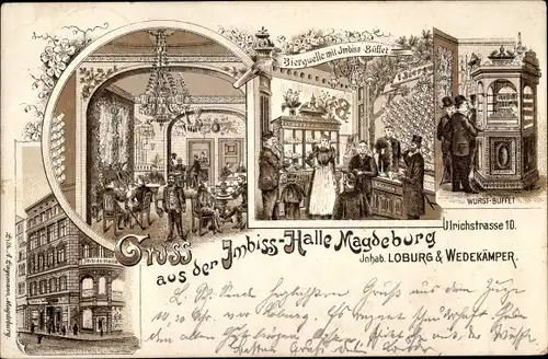 Litho Magdeburg an der Elbe, Imbiss Halle, Ulrichstraße 1, Bierquelle mit Imbiss Büffet