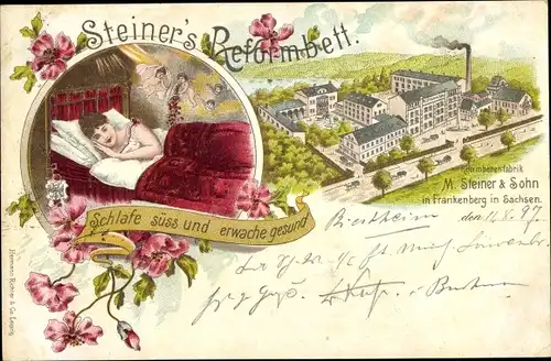 Litho Frankenberg an der Zschopau Sachsen, Betten-Fabrik, Steiner's Reformbett, Frau im Bett