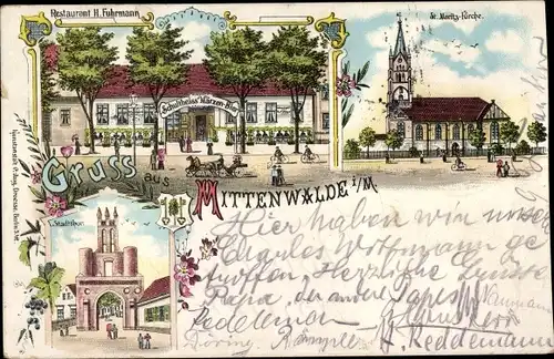 Litho Mittenwalde in der Mark, St. Moritz-Kirche, Restaurant, Stadttor