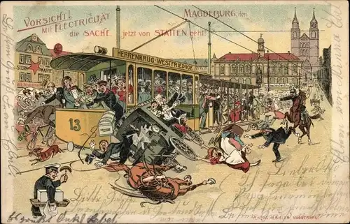 Litho Magdeburg an der Elbe, Elektrische Straßenbahn, Kutsche, Verkehrsunfall