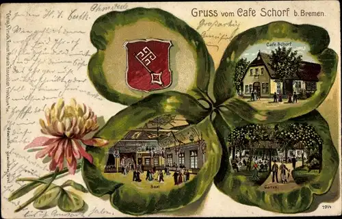 Wappen Litho Hansestadt Bremen, Cafe Schorf, Saal, Garten, Kleeblatt