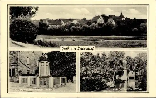 Ak Bottendorf Roßleben im Kyffhäuserkreis, Gesamtansicht, Kriegerdenkmal, Mühle