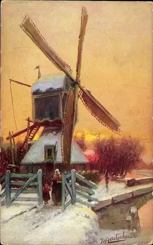 Künstler Ak Gerstenhauer, J. G., Niederlande, Windmühle, Frau mit Tochter