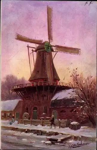 Künstler Ak Gerstenhauer, J. G., Niederlande, Windmühle, Anwohner