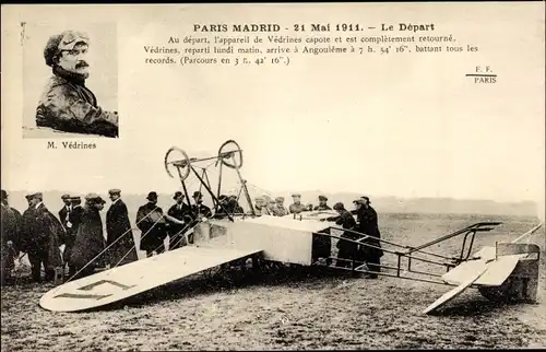 Ak Paris Madrid, 21 Mai 1911, Jules Vedrines, Luftfahrtpionier, Unfall