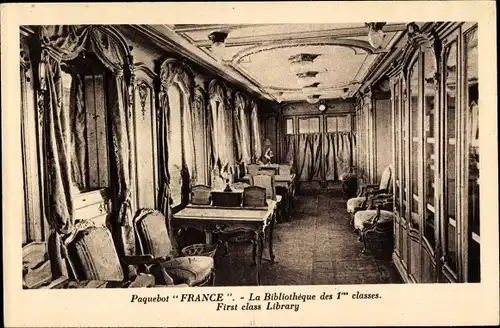 Ak Paquebot France, CGT French Line, Bibliothèque des 1res classes