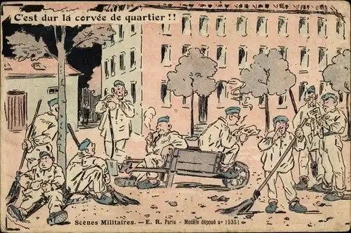 Ak Französische Soldaten, Soldatenleben, Scenes Militaires, C'est dur la corvee de quartier, Besen