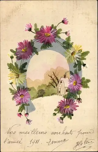 Handgemalt Ak Hufeisen, Blumen, Wohnhaus