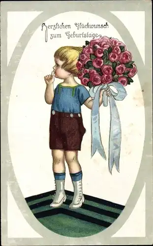 Ak Glückwunsch Geburtstag, Junge, Blumenstrauß, Rosen