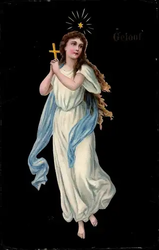 Ak Mädchen in weißem Kleid, Kreuz, Geloof, Allegorie