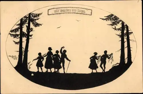 Scherenschnitt Künstler Ak Forck, E., Menschen im Wald, Wir wandern und singen
