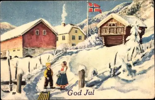 Ak Glückwunsch Weihnachten, Kinder, Schlitten, Wohnhäuser, Norwegische Fahne