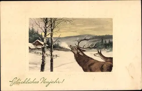 Präge Ak Glückwunsch Neujahr, Hirsch, Reh, Wohnhaus, Winter