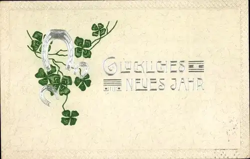 Präge Ak Glückwunsch Neujahr, Hufeisen, Glücksklee