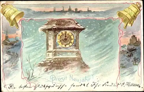 Litho Glückwunsch Neujahr, Stadtturm mit Uhr, Glocken