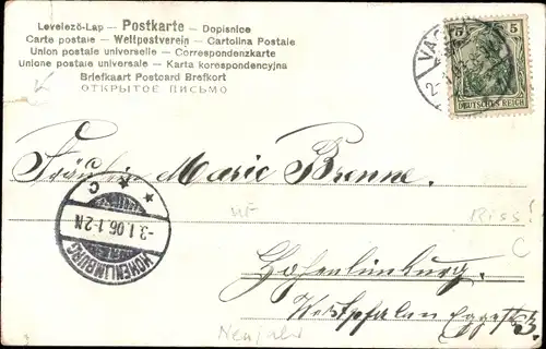 Litho Glückwunsch Neujahr, Stadtturm mit Uhr, Glocken