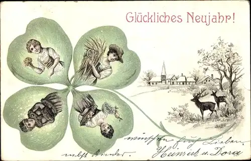 Litho Glückwunsch Neujahr, Glücksklee, Frauen in Tracht, Reh, Hirsch