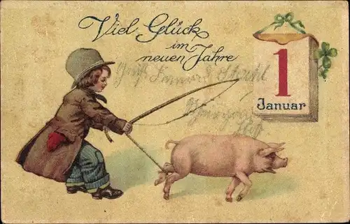 Ak Glückwunsch Neujahr, Kind, Schwein, Kalender, Glücksklee