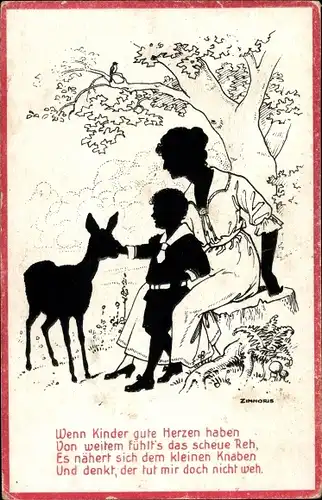 Scherenschnitt Künstler Ak Zimmoris, Kind füttert ein Reh, Wenn Kinder gute Herzen haben...