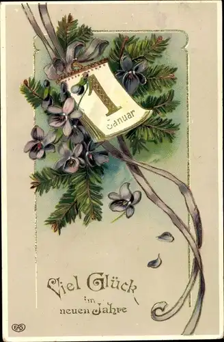 Präge Ak Glückwunsch Neujahr, Kalender, Veilchen, Tannzweige