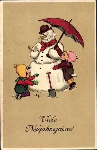 Ak Glückwunsch Neujahr, Kinder, Schneemann, Pfeife, Sonnenschirm