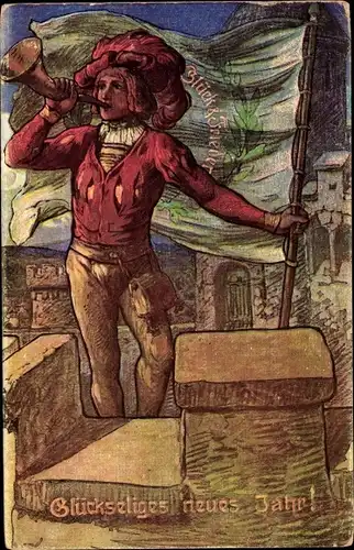 Ak Glückwunsch Neujahr, Trompeter, Fahne, Rathausturm