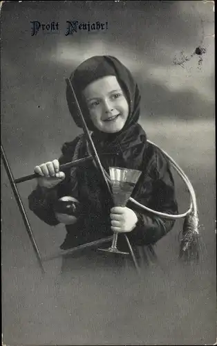 Ak Glückwunsch Neujahr, Schornsteinfeger, Sektglas