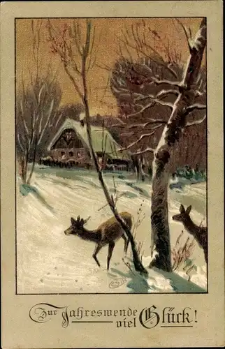 Ak Glückwunsch Neujahr, Rehe, Wohnhaus, Winterszene