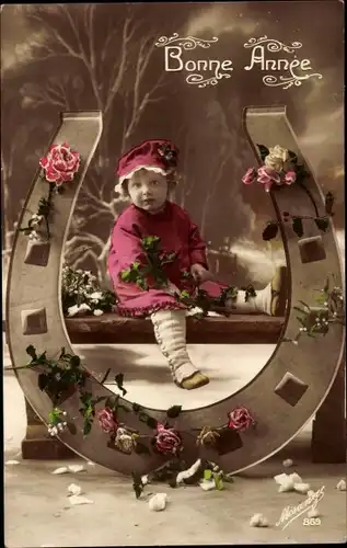 Ak Glückwunsch Neujahr, Hufeisen, Mädchen, Rosen