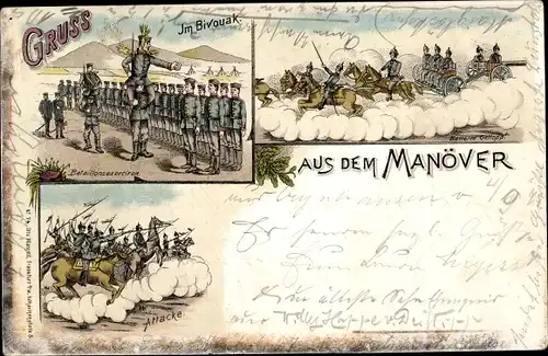 Litho Gruß aus dem Manöver, Deutsche Soldaten, Attacke, Im Bivouak