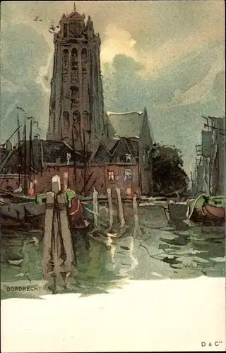 Künstler Ak Cassiers, Henri, Dordrecht Südholland Niederlande, Kanalpartie, Kirche